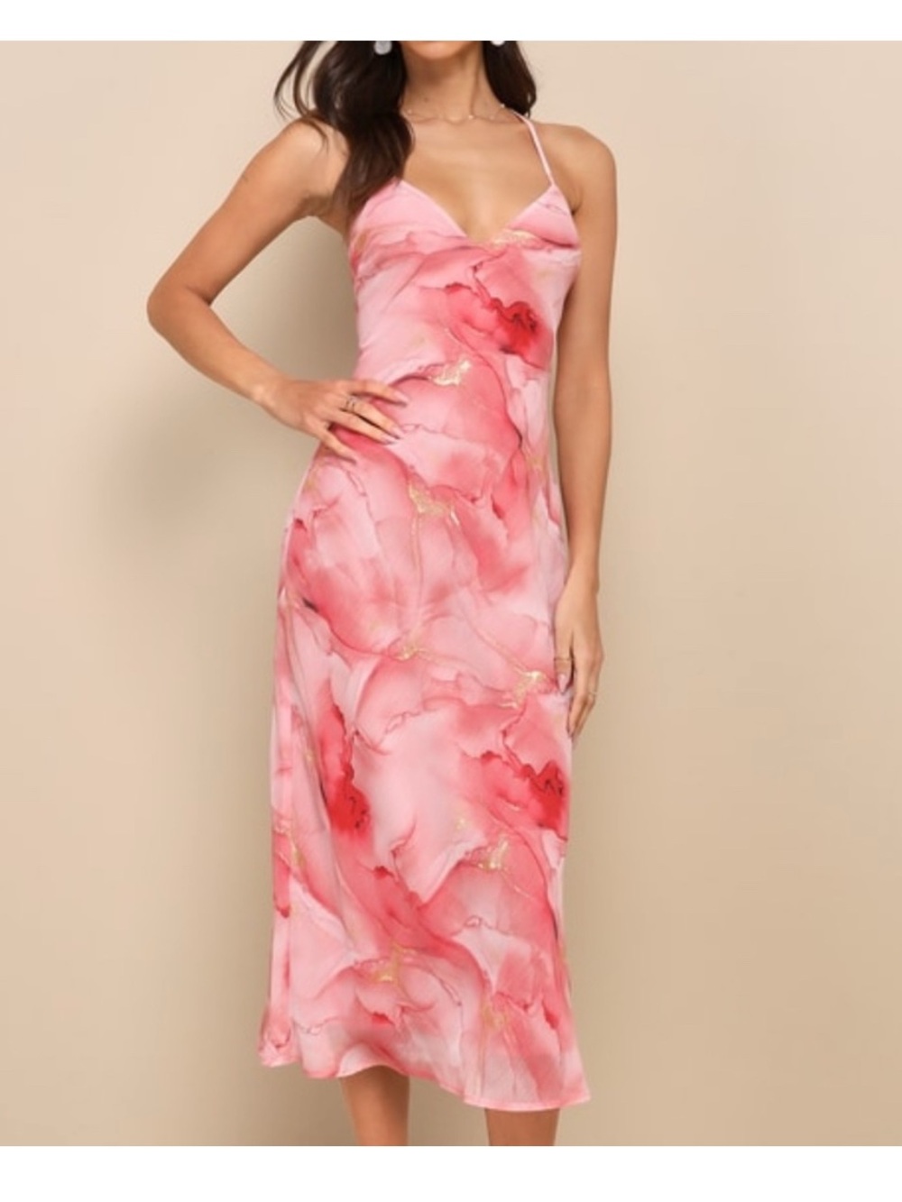 Lulu's Pink Watercolor Slip Midi Dress